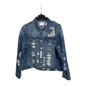 Black Label C'Est Toi Distressed Destroyed Denim Jacket 3XL Blue Button Front